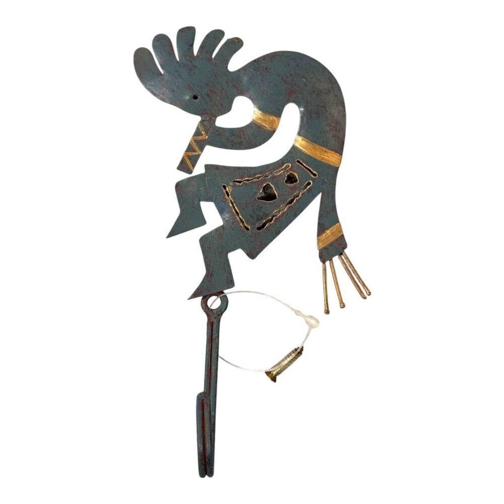 Vintage Metal Kokopelli Flute Dancer Door Latch Hanger Keys Rust & Brass Accents